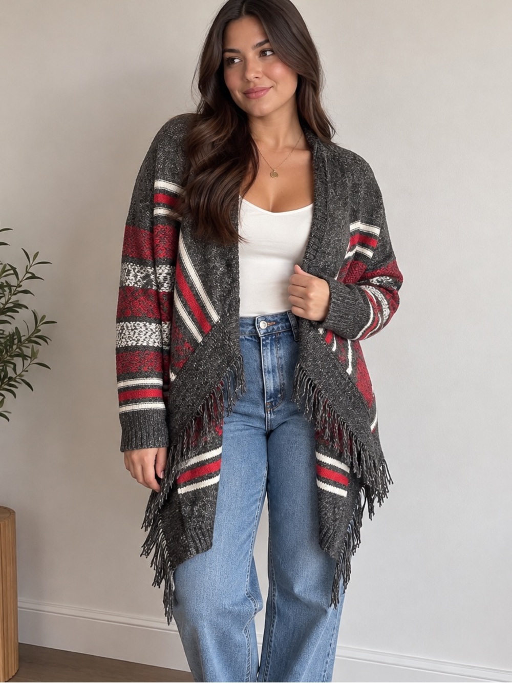 St. John's Bay Charcoal, Red & White Fringe Open-Front Cardigan